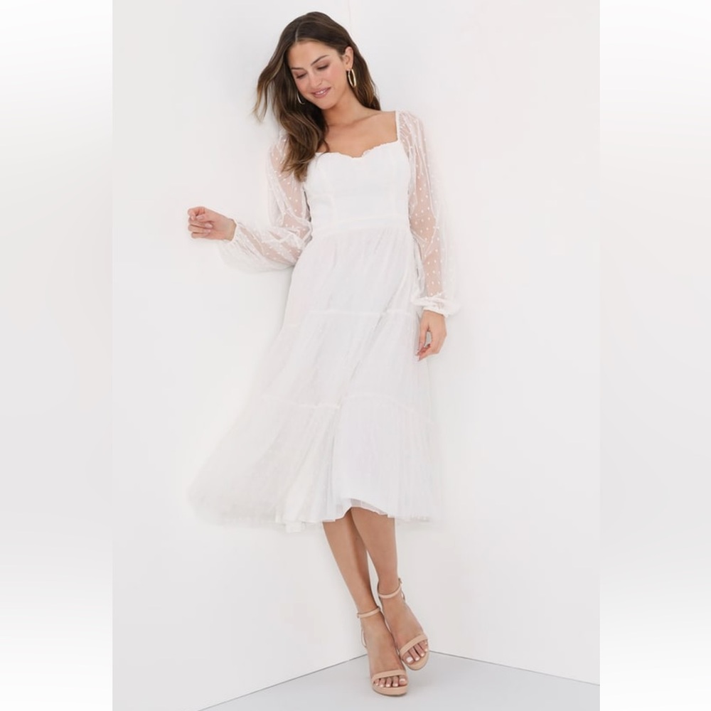 Lulus Affectionate Aura White Swiss Dot Tiered Bustier Midi Dress